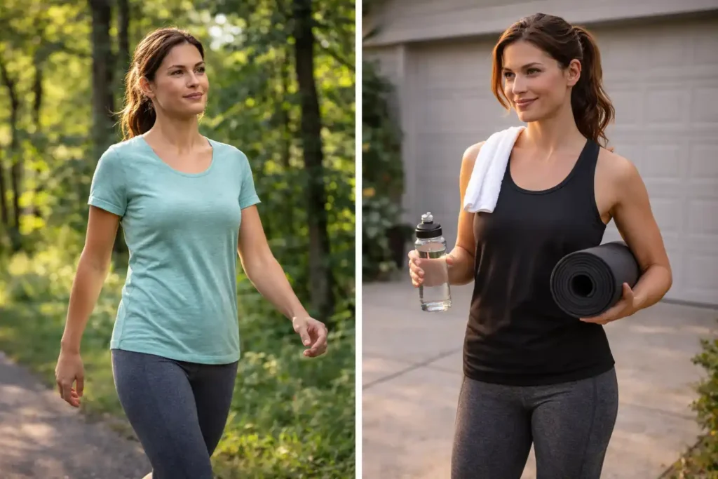 American adult walking outdoors and preparing for a workout in athletic clothing, showing a healthy lifestyle for weight loss