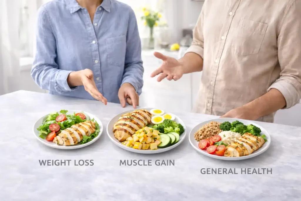 Two people discussing healthy lunch options with meals for weight loss, muscle gain, and general health on a kitchen table