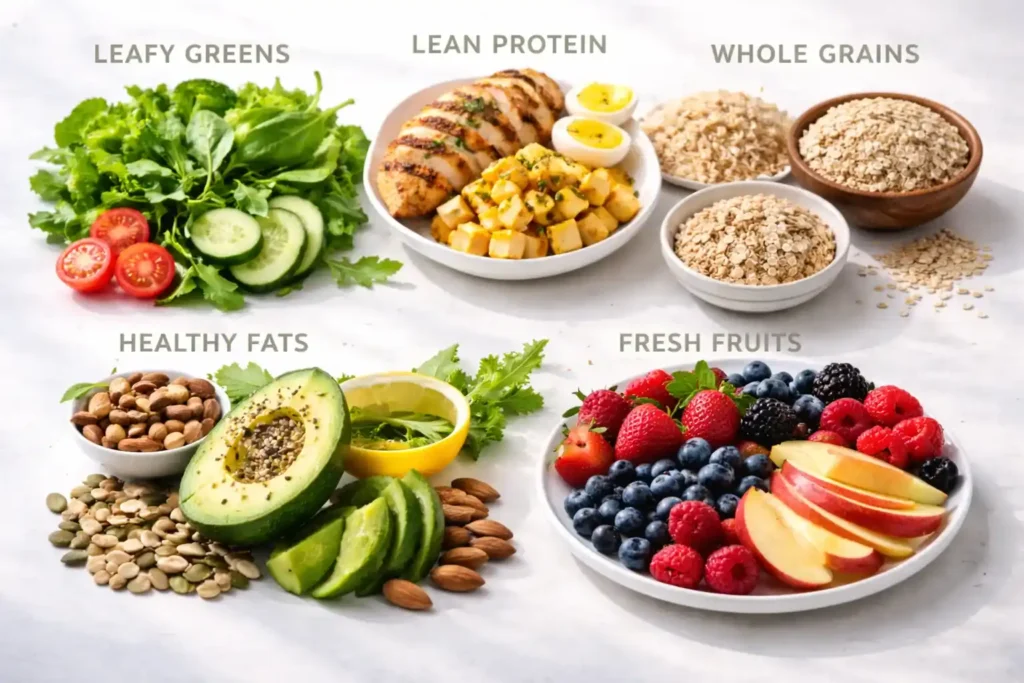 Five healthy lunch food groups including leafy greens, lean protein, whole grains, healthy fats, and fresh fruits arranged neatly