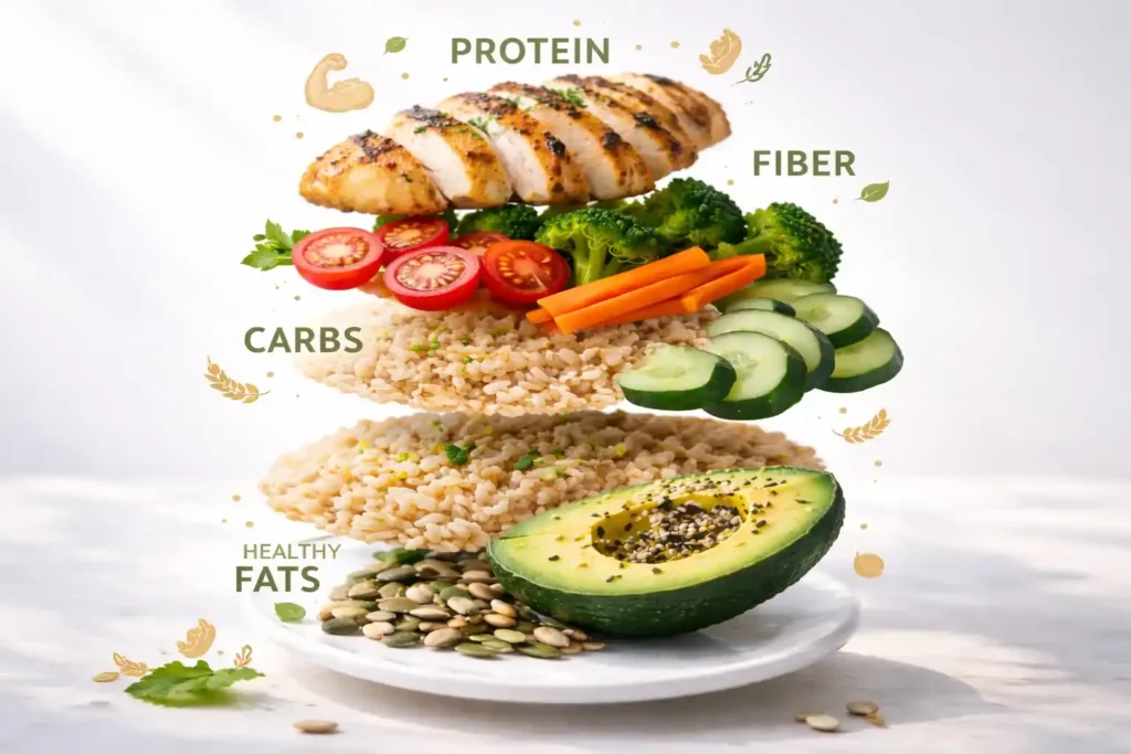 Floating layers of healthy lunch ingredients showing protein, carbs, fiber, and fats with chicken, grains, vegetables, and avocado