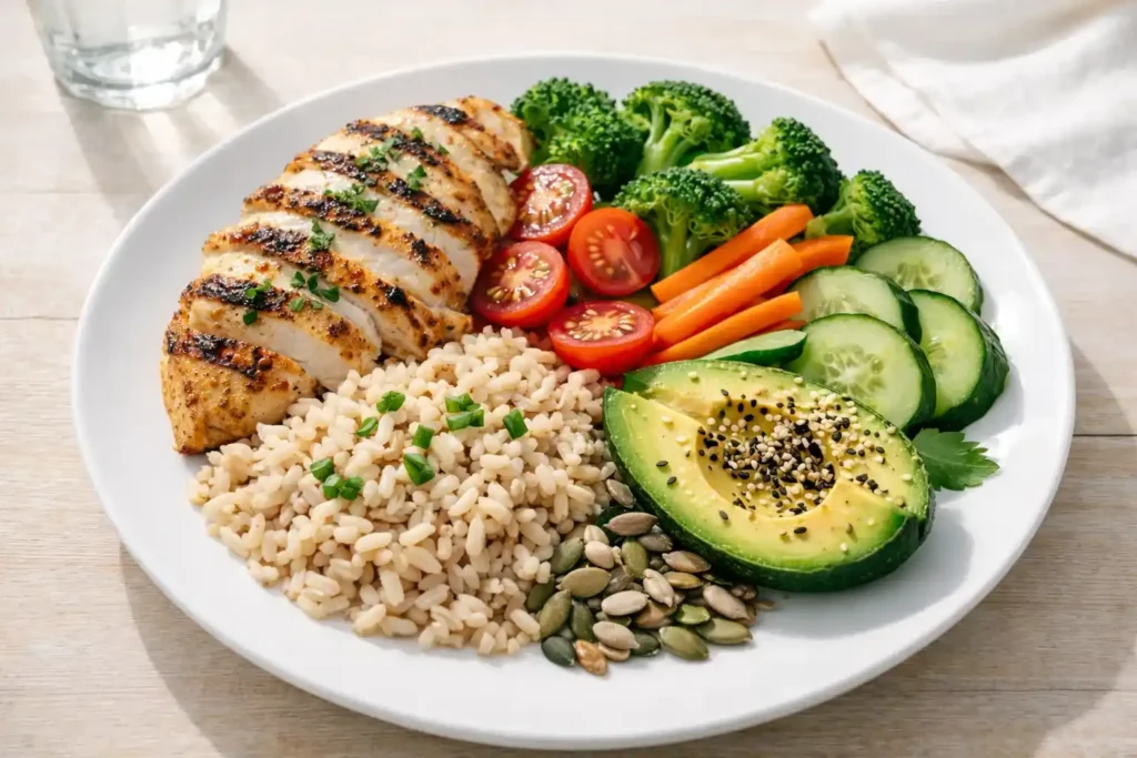 Healthy balanced lunch plate with grilled chicken, brown rice, fresh vegetables, avocado, and seeds in natural light