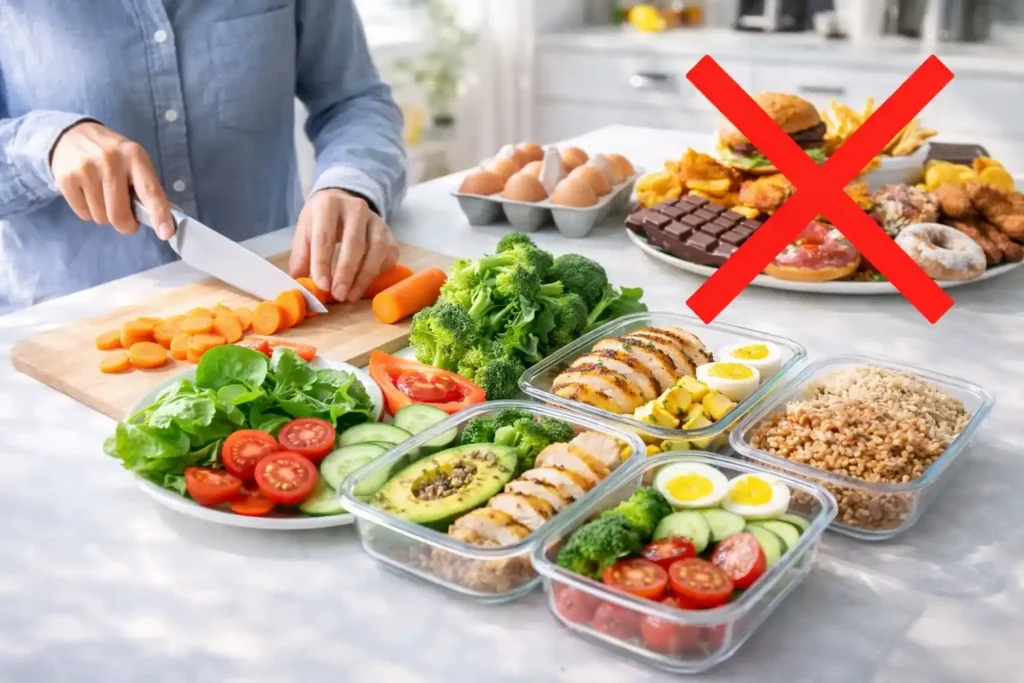 Healthy meal prep with fresh vegetables, chicken, eggs, and grains in containers, while processed foods are marked with a red cross
