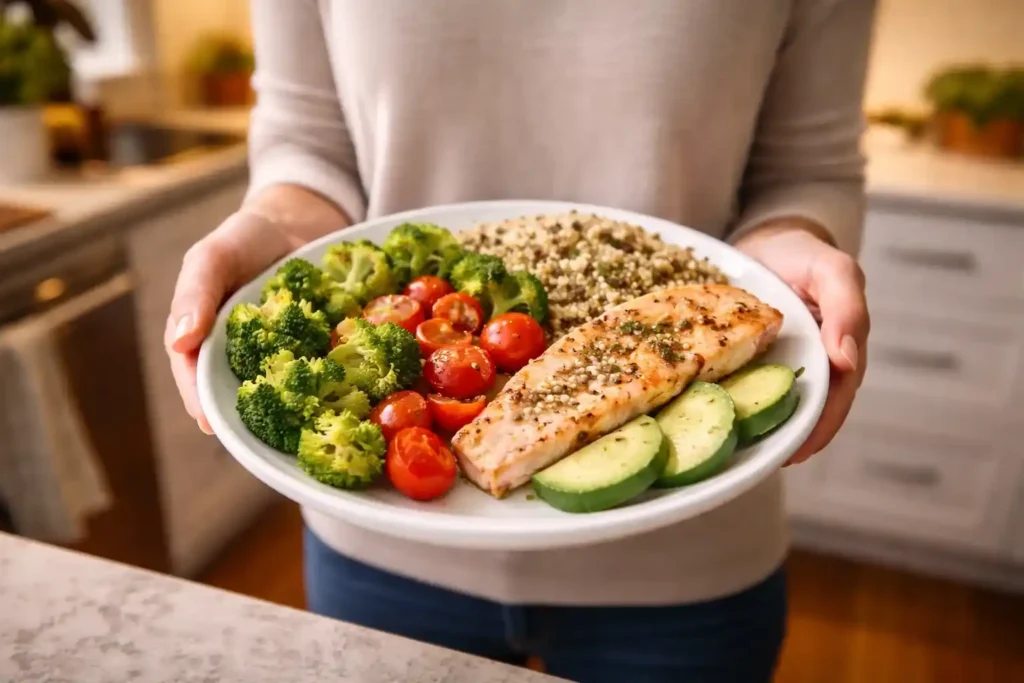 Person holding a healthy dinner plate with vegetables, grilled salmon, and quinoa in a modern kitchen setting
