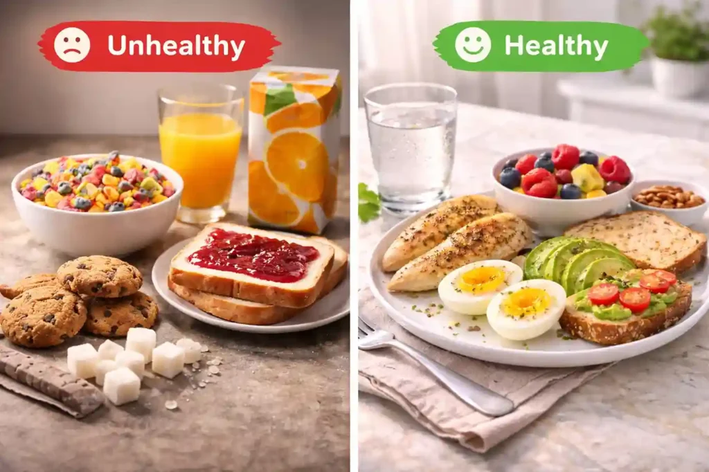 Comparison of unhealthy breakfast with sugary cereal and white bread vs healthy breakfast with oats, eggs, fruits, and toast