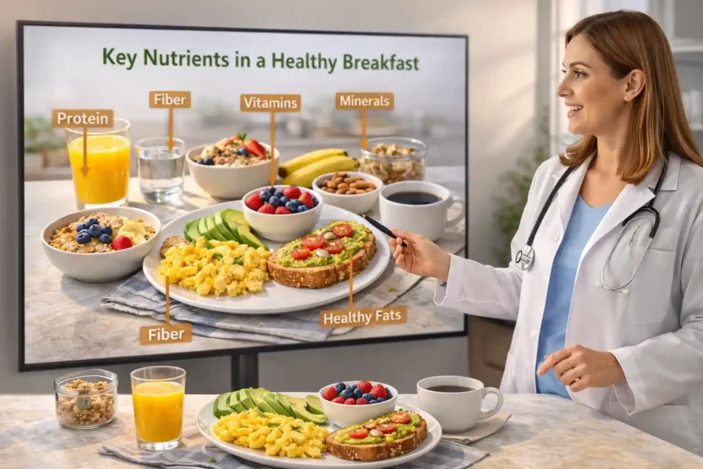 Nutritionist explaining healthy breakfast nutrients with eggs, fruits, oats, and avocado on display in a modern setting