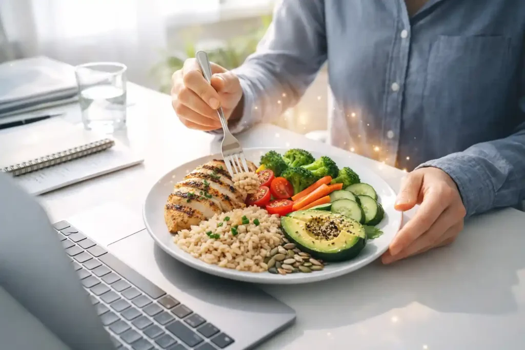 Person eating a healthy lunch at a desk with grilled chicken, rice, vegetables, and avocado in bright natural daylight