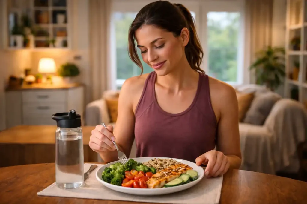 American woman eating a healthy protein-rich dinner with chicken, vegetables, and quinoa after a workout in a modern kitchen