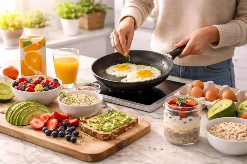 Person cooking healthy breakfast with eggs, oats, fruits, and whole grain toast in a bright modern kitchen