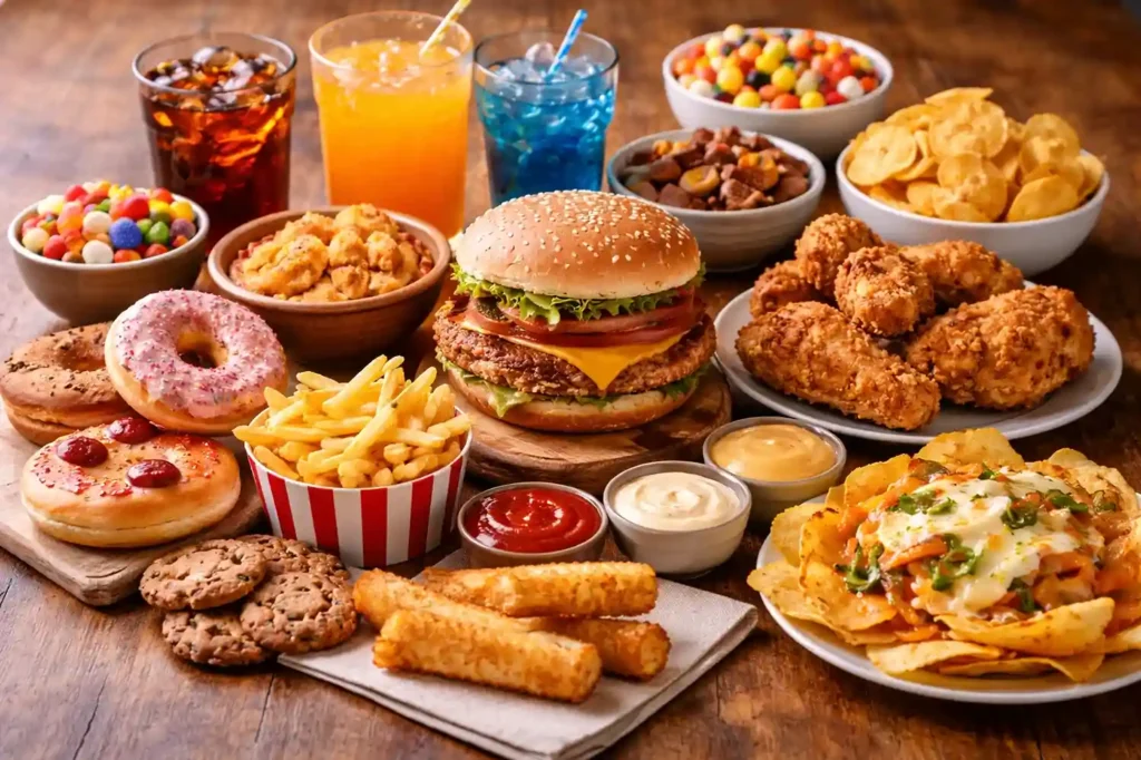 Unhealthy foods including burgers, fried chicken, sugary drinks, chips, and desserts displayed on a table
