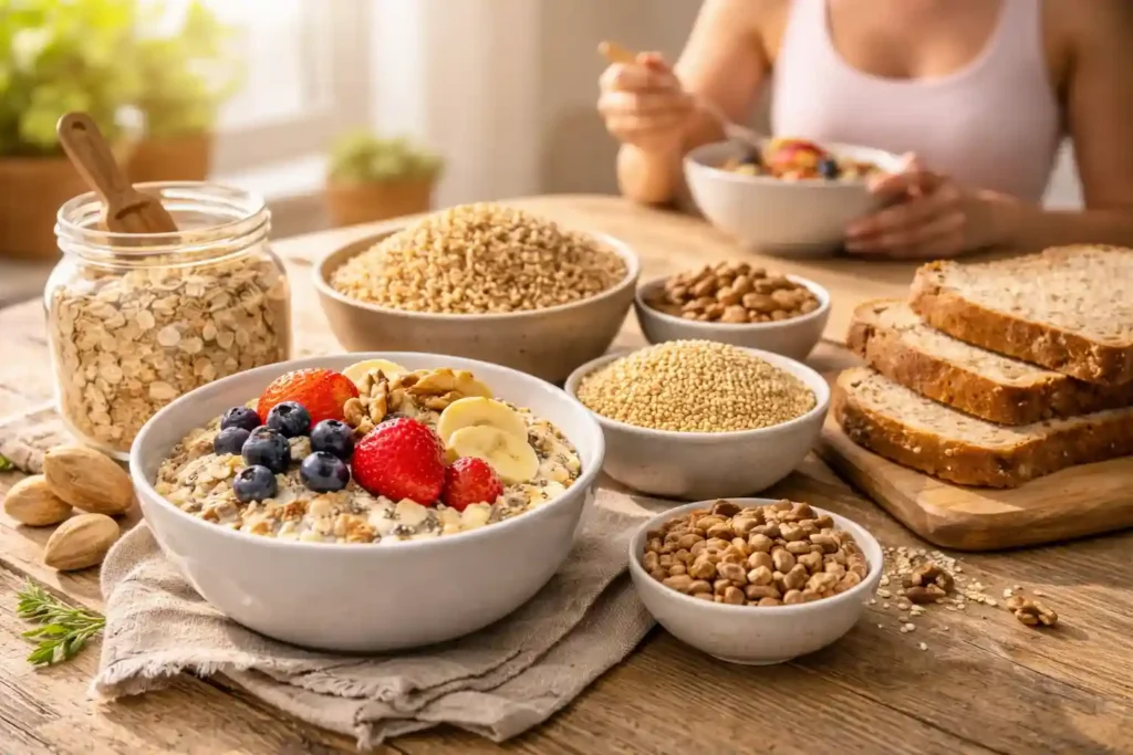 Healthy breakfast with oats, quinoa, brown rice, whole wheat bread, and fruit bowl on a wooden table with morning light